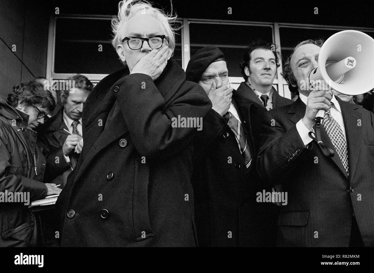 Michael Foot MP at a demonstration by Ebbw Vale steelworkers against the closure of their plant, Ebbw Vale Rugby Club, South Wales, February 1975. Stock Photo
