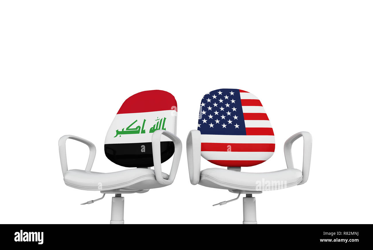 Iraq and USA business chairs. Internationl relationship concept. 3D Rendering Stock Photo