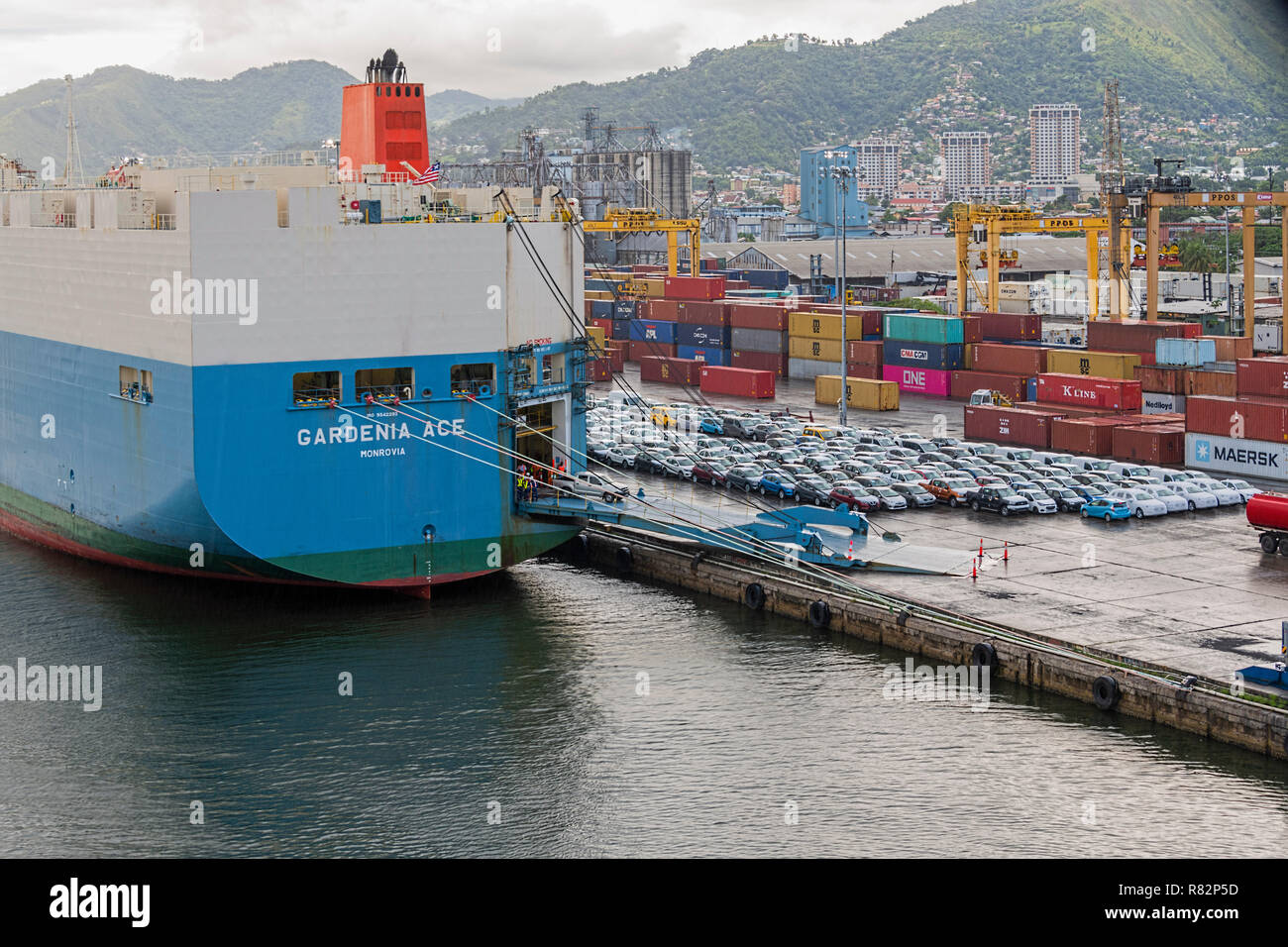 Shipping containers Port of Spain Trinidad & Tobago & Cargo Ship Gardenia Ace Stock Photo