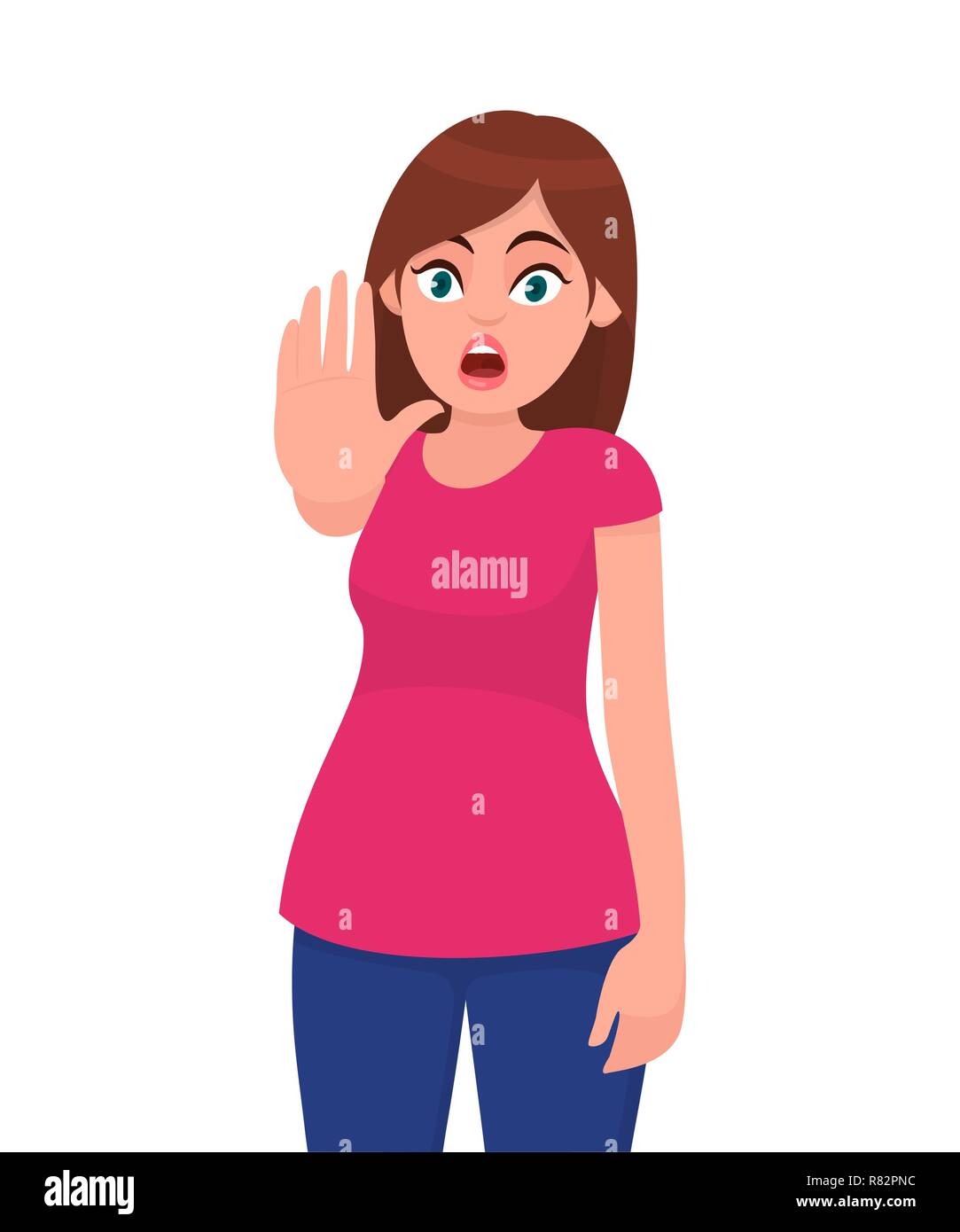 Young woman showing stop gesture  sign with palm of the hand. Young girl requiring stop with her hand. Prohibition symbol. Emotion and body language Stock Vector