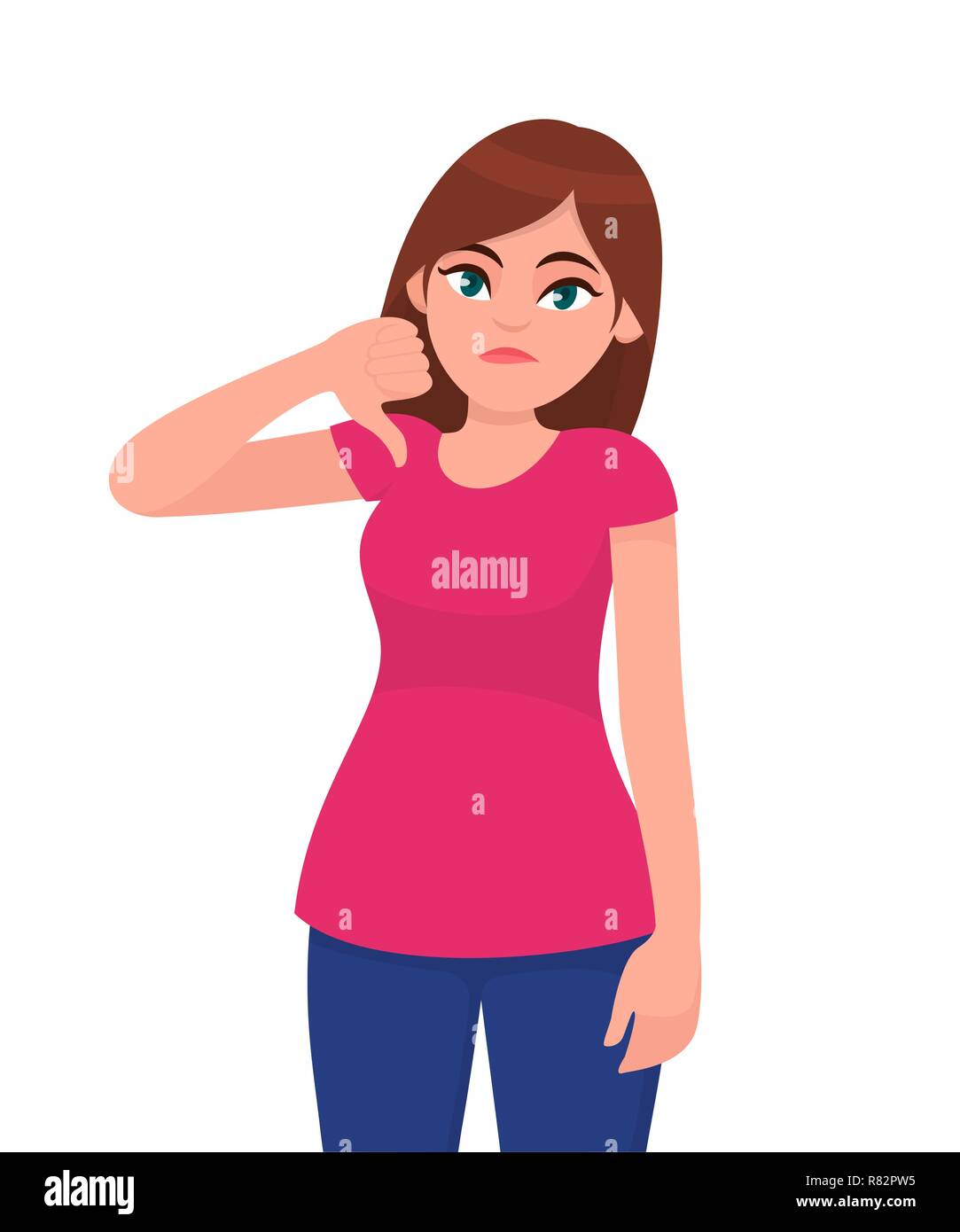 Unhappy woman showing or gesturing thumb down sign. Girl doing a negative gesture, looking with negative expression and disapproval. Bad, dislike. Stock Vector