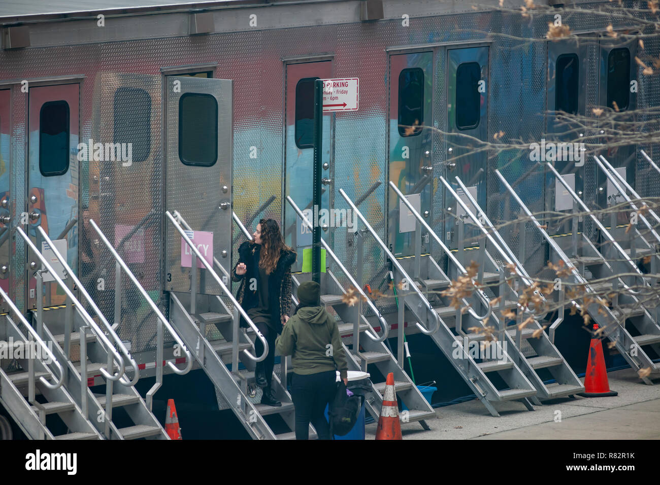 Support trailers for film production in the Chelsea neighborhood of New York on Tuesday, December 5, 2018. (Â© Richard B. Levine) Stock Photo