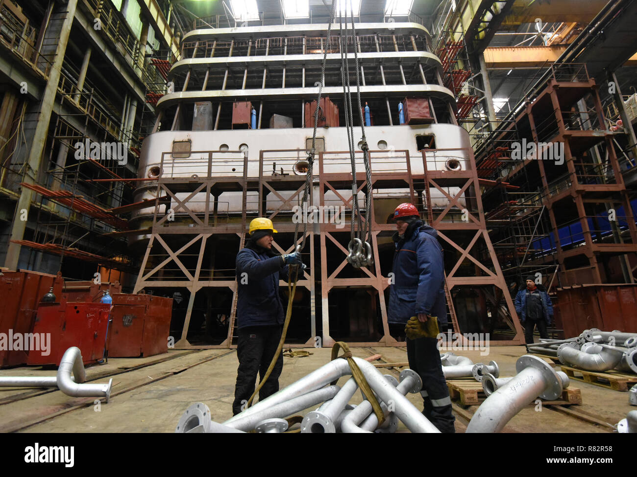 Construction of Russian cruise ship of the PV300VD project at the shipyard "LOTOS" in Astrakhan, Russia. Stock Photo