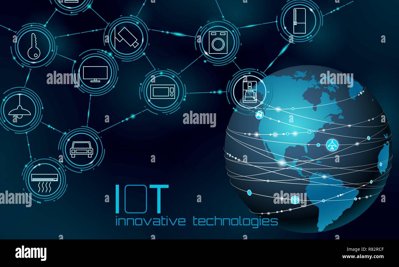 Planet Earth America USA continent internet of things innovation technology concept. Wireless communication network IOT ICT. Intelligent system automation AI computer online vector illustration Stock Vector