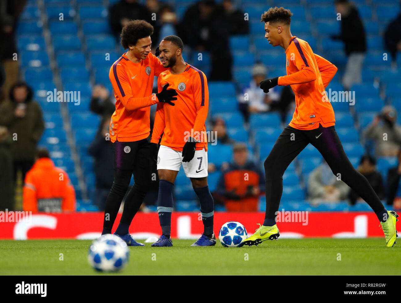Manchester City's Raheem Sterling (centre) and Leroy Sane prior to kick off  the UEFA Champions League match at The Etihad Stadium, Manchester Stock  Photo - Alamy