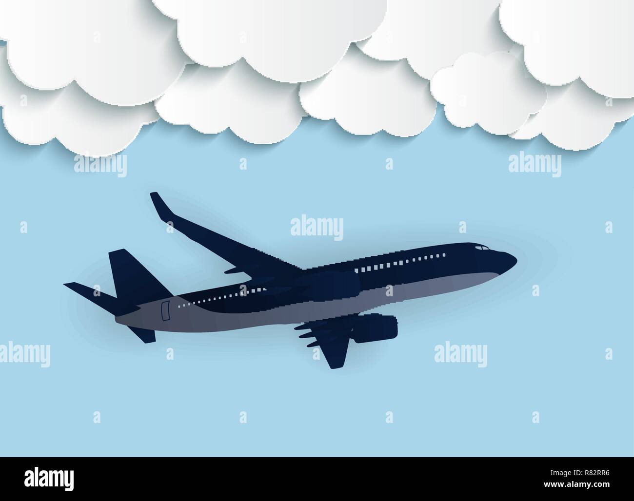 Abstract Clouds with flying realistic 3D airplane Vector Illustration Stock Vector