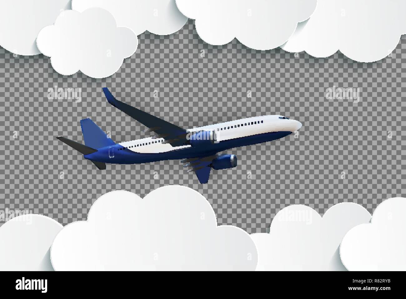 Abstract Clouds with flying realistic 3D airplane on a transparent ...