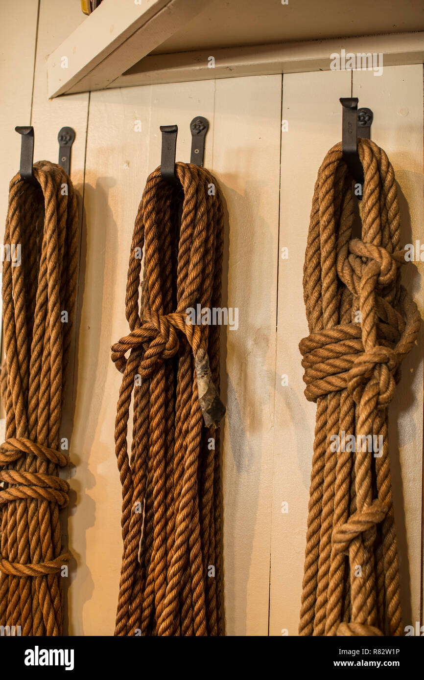 Fisherman's Ropes, Kennebunkport, Maine. Fishermen's ropes adorn the walls of many eateries, galleries, stores and buildings in Kennebunkport, Maine. Stock Photo