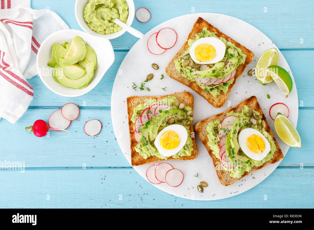 Sandwiches With Avocado Guacamole Fresh Radish Boiled Egg