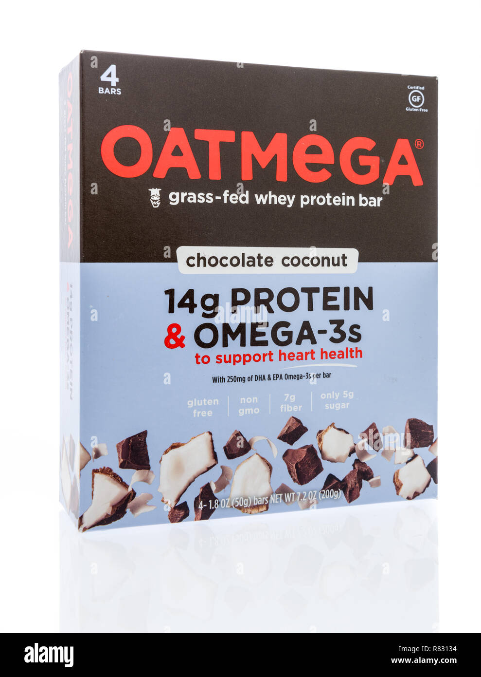 Winneconne, WI - 10 December 2018: A package of Oatmega grass-fed whey protein bar on an isolated background. Stock Photo