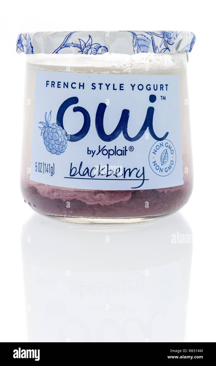 Winneconne, WI - 11 December 2018: A package of Oui French style yogurt by Yoplait in blackberry flavor on an isolated background. Stock Photo