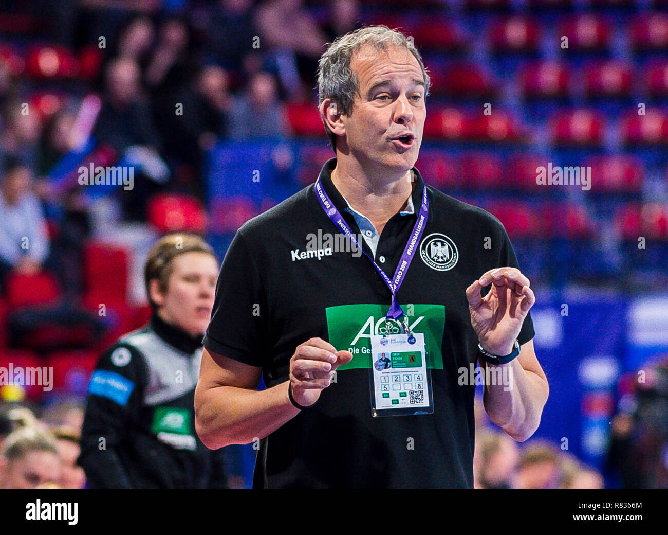 12 December 2018, France (France), Nancy: Handball, women: EM, Netherlands - Germany Main Round, Group 2, 3rd Matchday at the Palais des Sports. Coach Henk Groener (Germany) gestures . Photo: Marco Wolf/wolf-sportfoto/dpa Stock Photo
