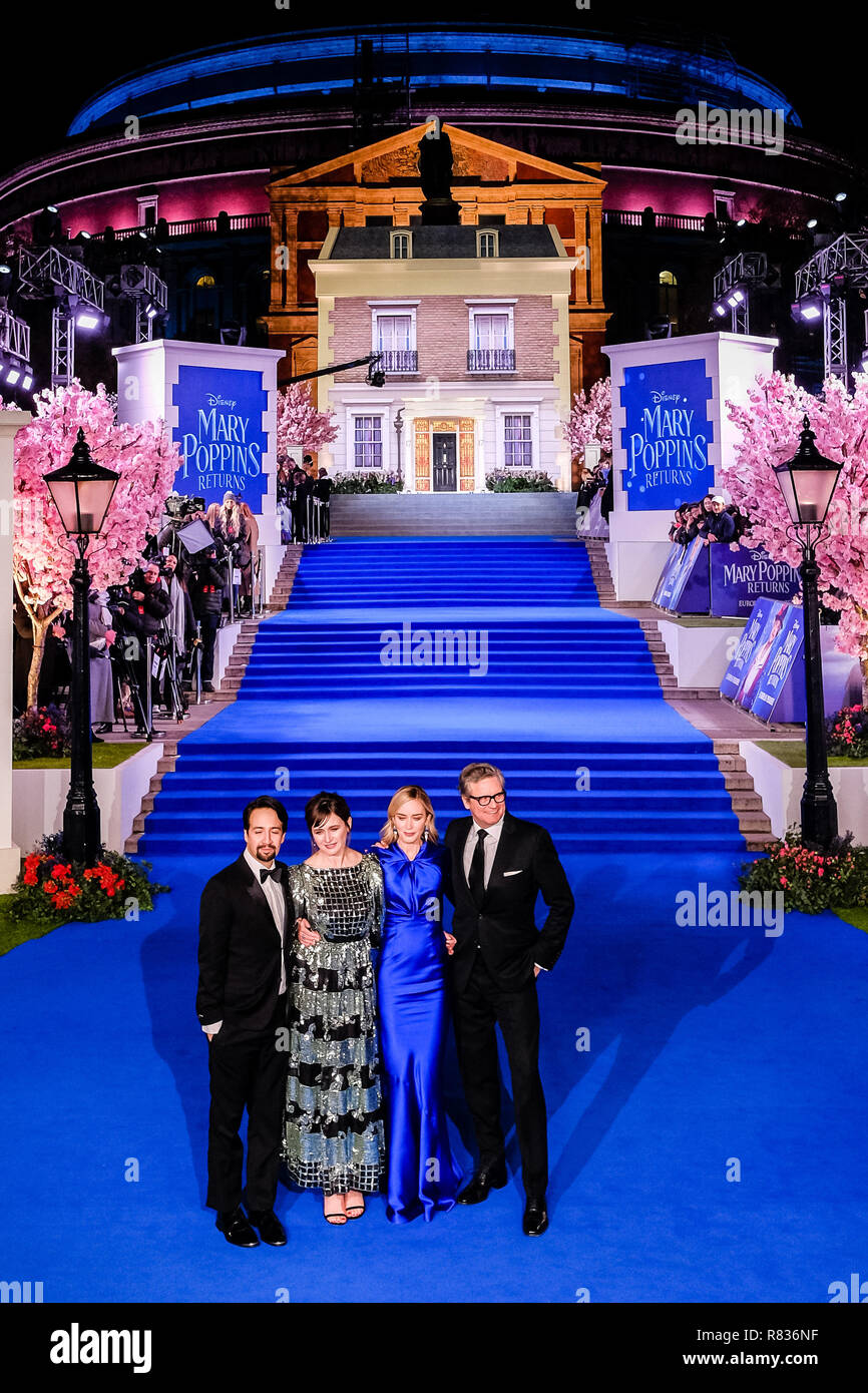 London, UK. 12th December, 2018. Cast at the European Premier of Mary Poppins Returns on Wednesday 12 December 2018 held at The Royal Albert Hall, London. Pictured: Lin-Manuel Miranda, Emily Mortimer, Emily Blunt , Colin Firth. Credit: Julie Edwards/Alamy Live News Stock Photo