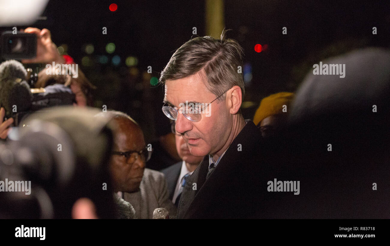London, UK. 12th December, 2018. Jacob Rees-Mogg reacts to the result of Mays Vote of no Confidence on College Green Credit: George Cracknell Wright/Alamy Live News Stock Photo