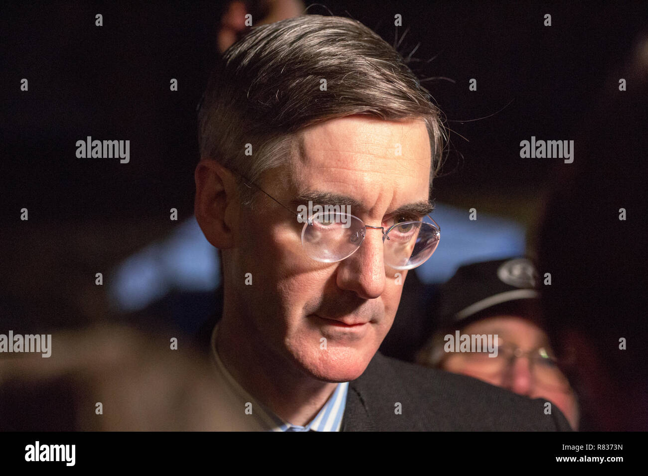 London, UK. 12th December, 2018. Jacob Rees-Mogg reacts to the result of Mays Vote of no Confidence on College Green Credit: George Cracknell Wright/Alamy Live News Stock Photo