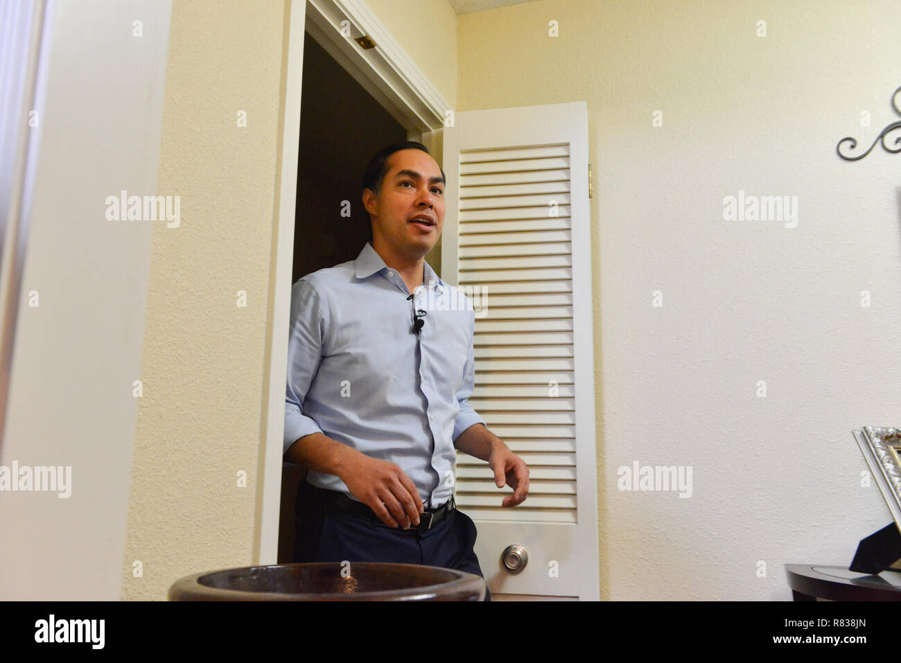 San Antonio, Texas, USA. 12th Dec 2018. Former Housing and Urban Developement Secretary and San Antonio Tx. Mayor JULIAN CASTRO announces Dec 12 that he has formed an exploratory committee toward a 2020 presidential campaign. Castro made the announxement in the dining room of his San Antonio home. Credit: Robin Jerstad/Alamy Live News Stock Photo