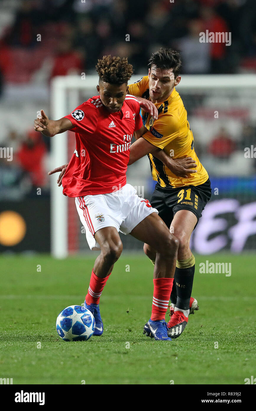 Gedson Fernandes of SL Benfica (L) vies for the ball with Lucas Boyé of AEK  Athens F.C. (R) during the UEFA Champions League 2018/19 football match  between SL Benfica vs AEK Athens