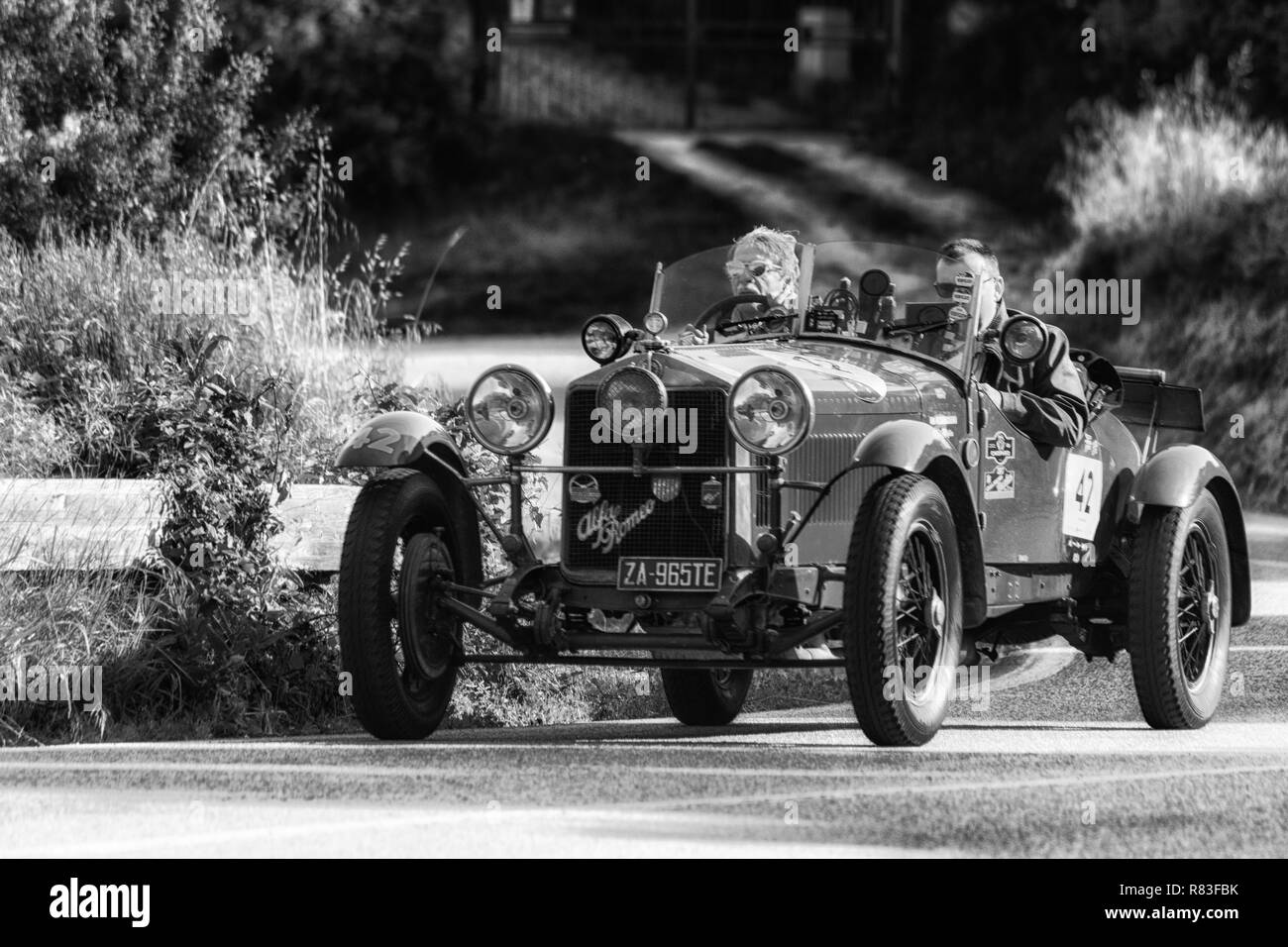 PESARO COLLE SAN BARTOLO , ITALY - MAY 17 - 2018 : ALFA ROMEO 6C 1500 SUPER SPORT MM 1928 on an old racing car in rally Mille Miglia 2018 the famous i Stock Photo