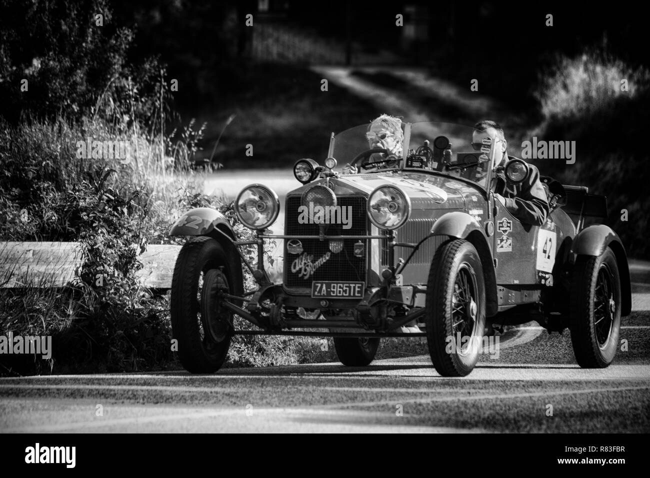 PESARO COLLE SAN BARTOLO , ITALY - MAY 17 - 2018 : ALFA ROMEO 6C 1500 SUPER SPORT MM 1928 on an old racing car in rally Mille Miglia 2018 the famous i Stock Photo