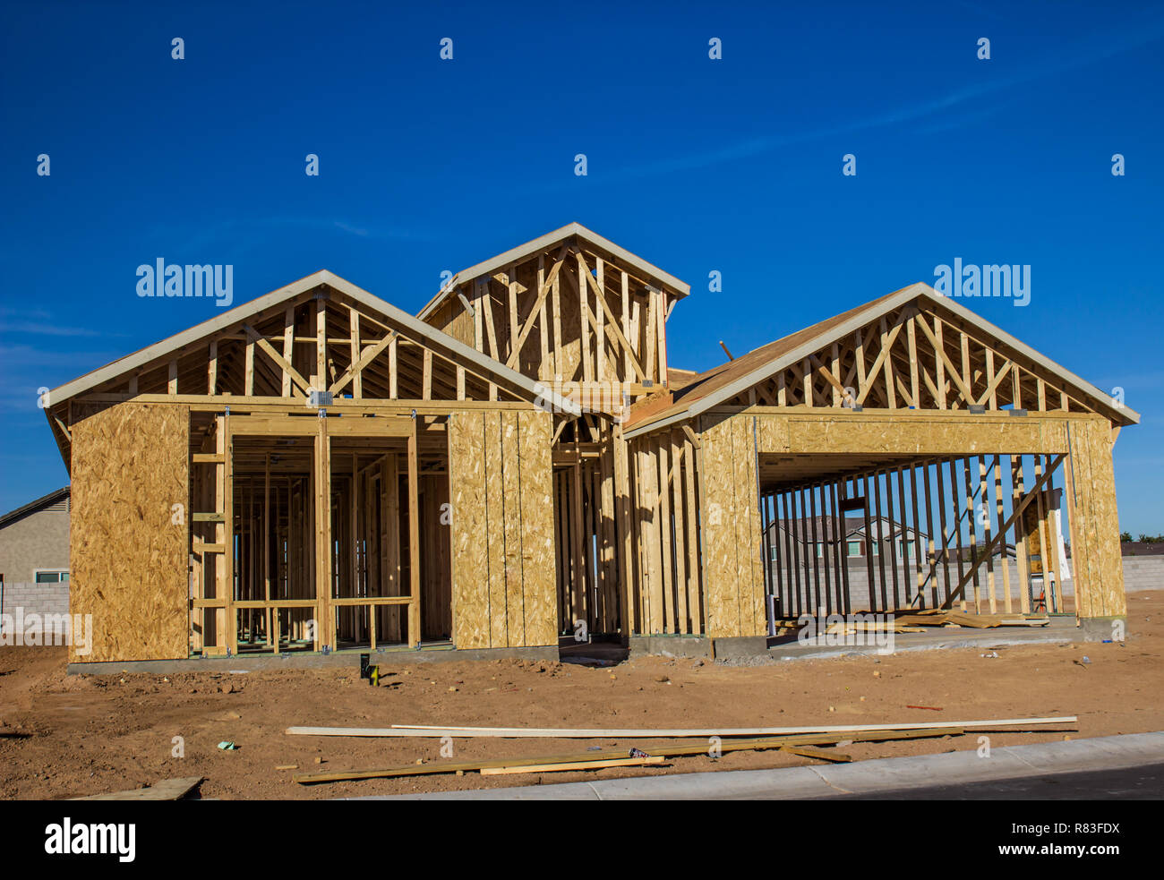 New Home Under Construction In Framing Stages Stock Photo