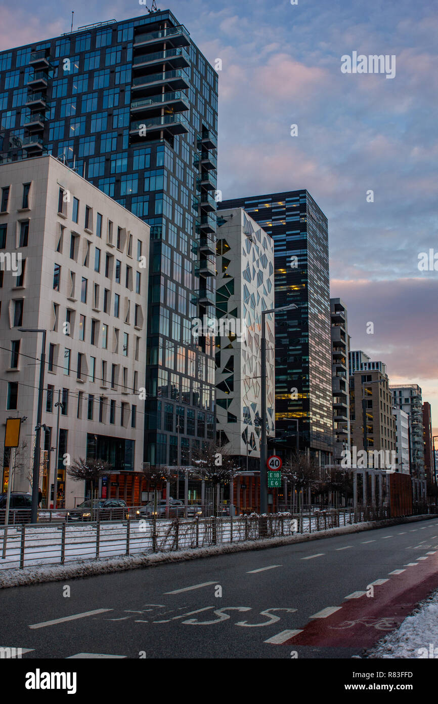 Hæl jordnødder Peru Barcode of Oslo with is modern buildings in Dronning Eufemias gate, Oslo in  Norway by sunset Stock Photo - Alamy