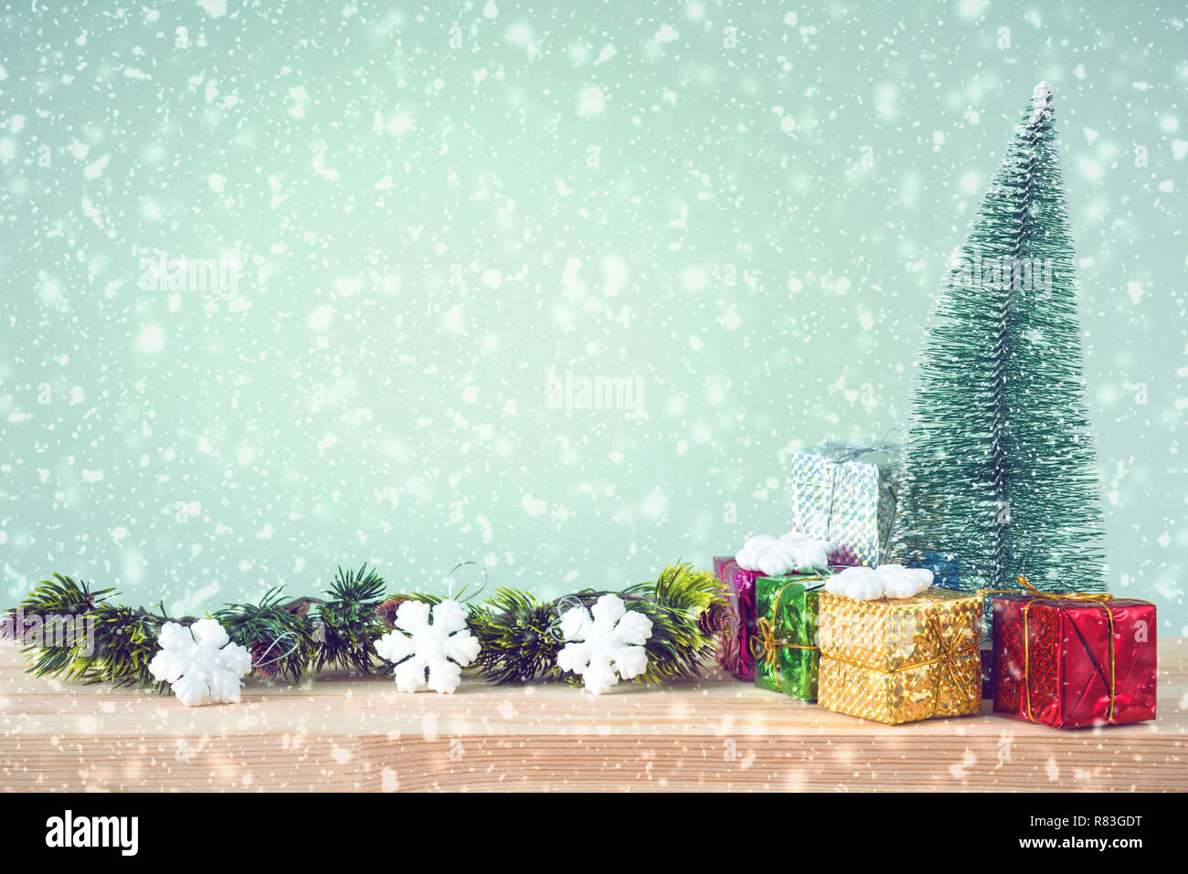 Christmas tree and decorations in snowy weather Stock Photo