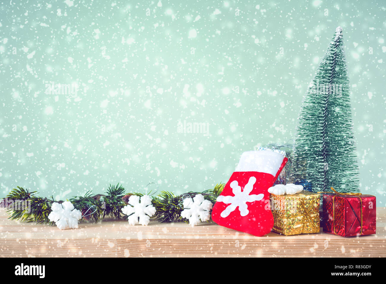 Christmas tree and decorations in snowy weather Stock Photo