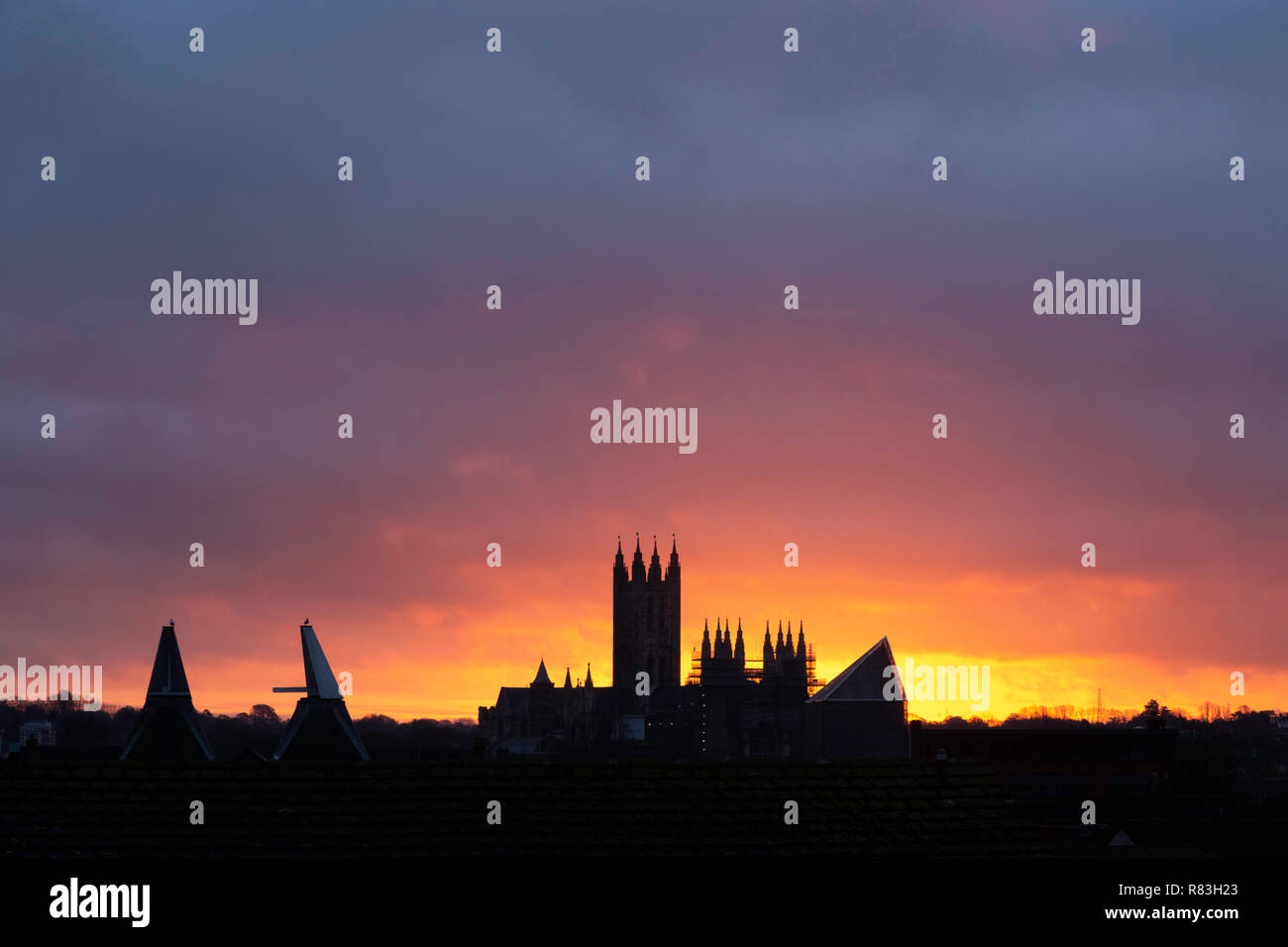 Vibrant sunrise over Canterbury Cathedral during December. Kent, UK. Stock Photo