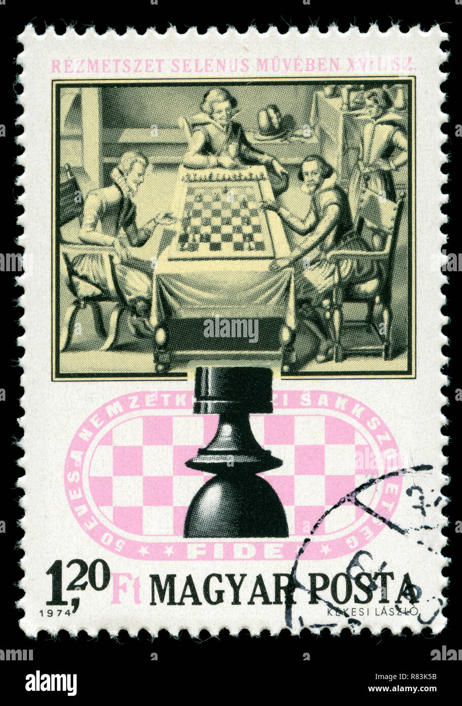 Postage stamp from Hungary in the 50th Anniversary of the International Chess Federation series issued in 1974 Stock Photo
