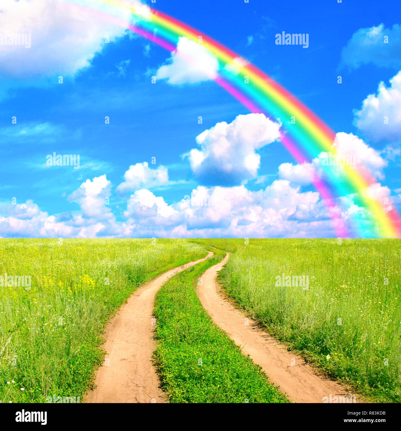 Rural summer landscape with old road and rainbow Stock Photo - Alamy