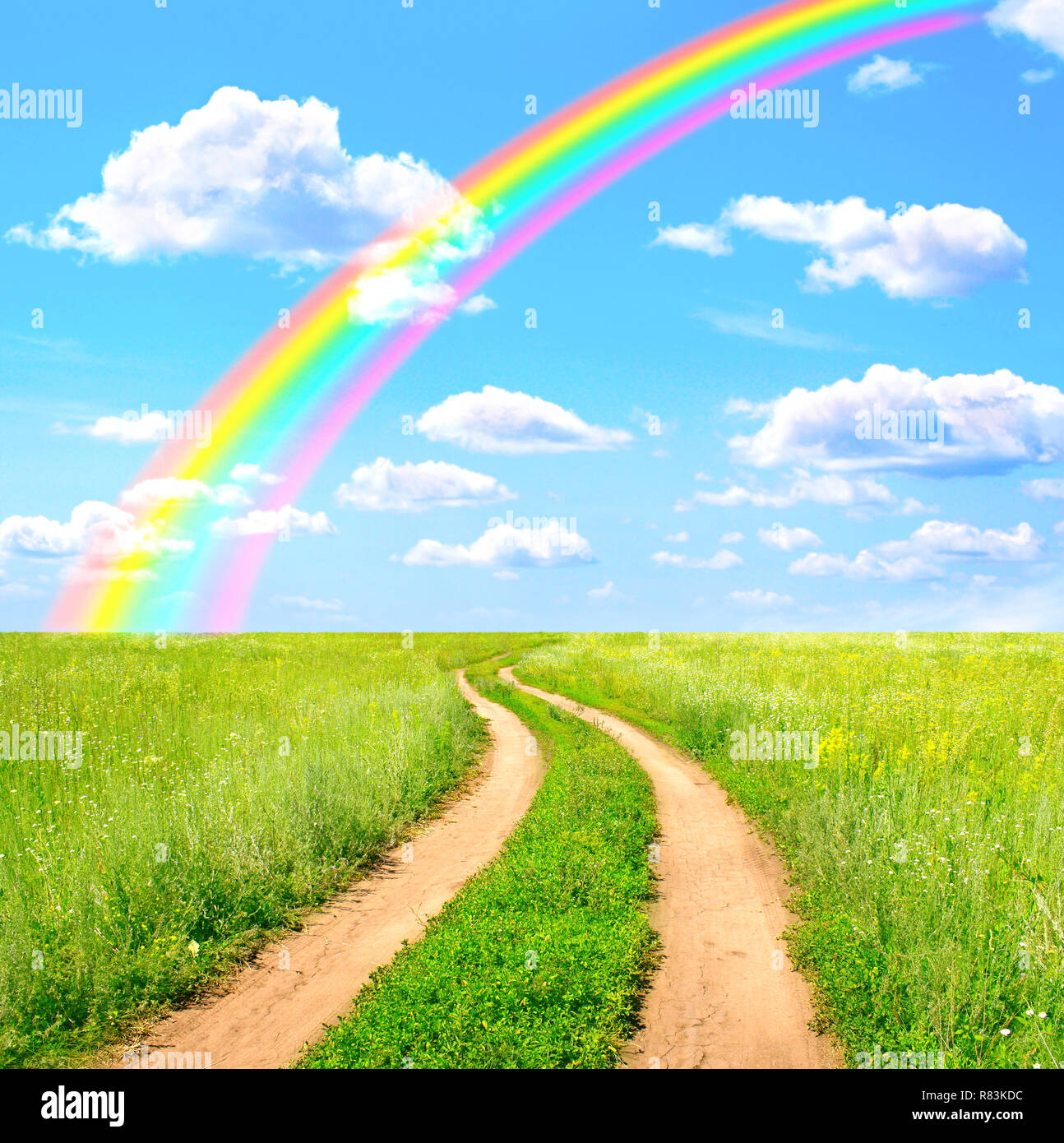 Rural summer landscape with old road and rainbow Stock Photo - Alamy