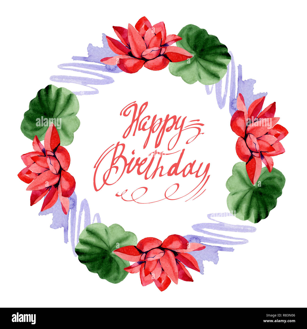 Red Lotus Happy Birthday Handwriting Calligraphy Floral Botanical Flower Watercolor Background Illustration Set Frame Border Ornament Wreath Hand Stock Photo Alamy
