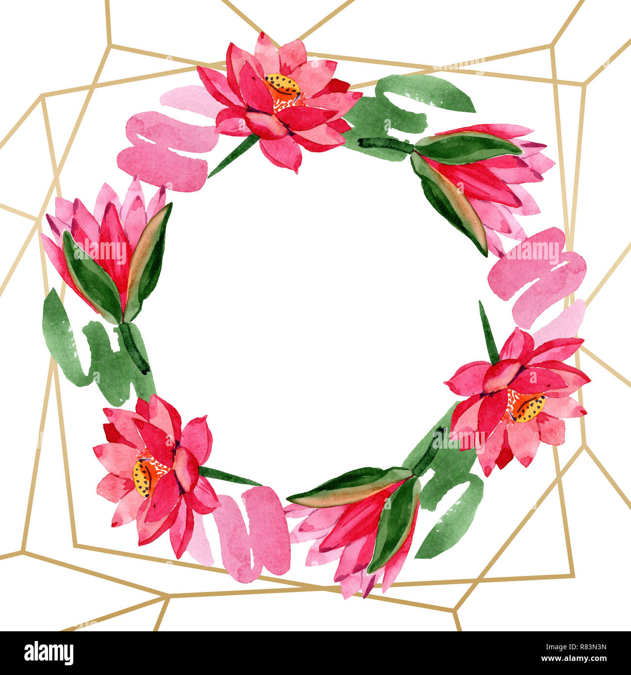 Red lotus. Floral botanical flower. Watercolor background illustration set.  Frame border ornament wreath. Hand drawn in aquarell. Geometric polygon go  Stock Photo - Alamy