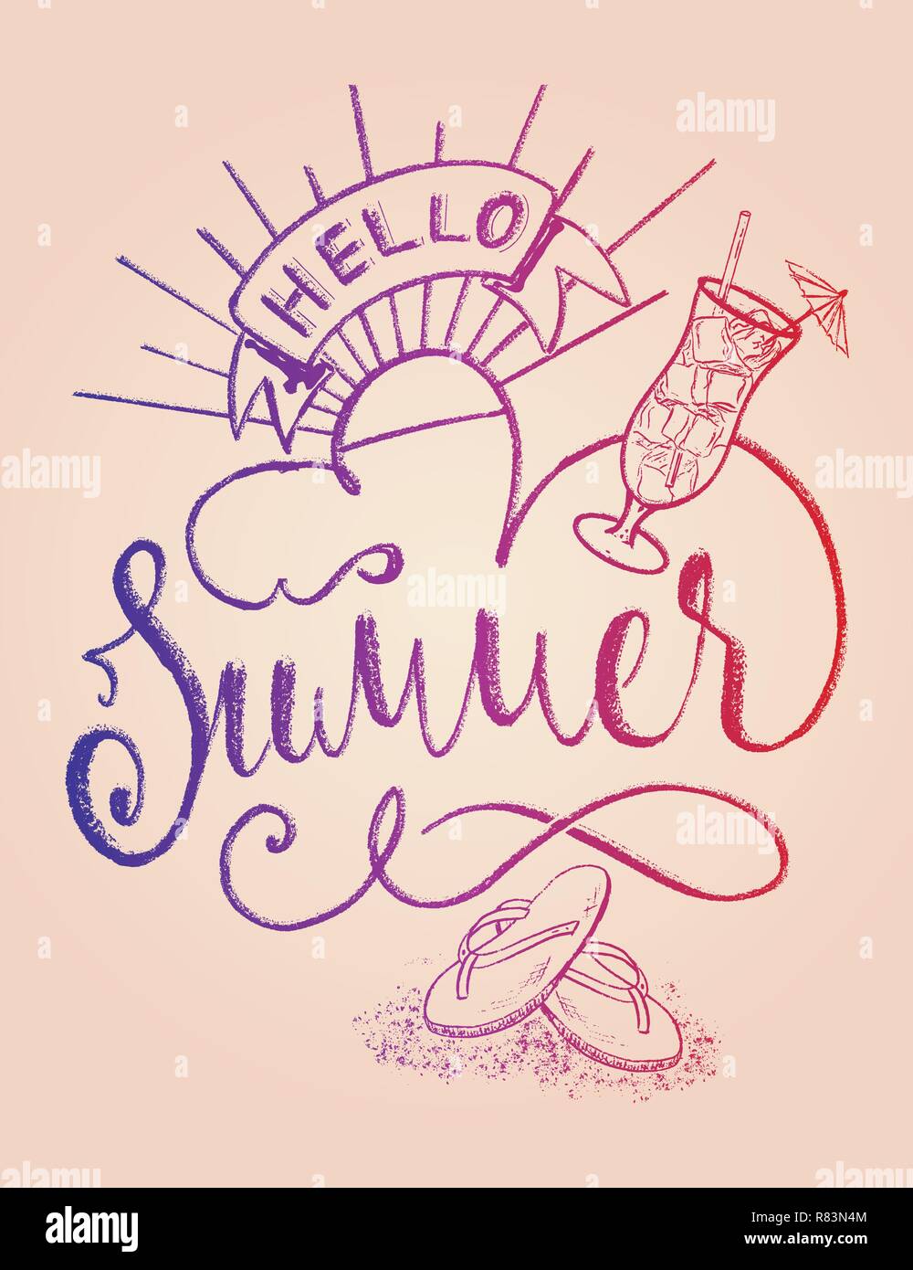 Hello Summer colorful hand lettering composition drawing Stock Vector ...