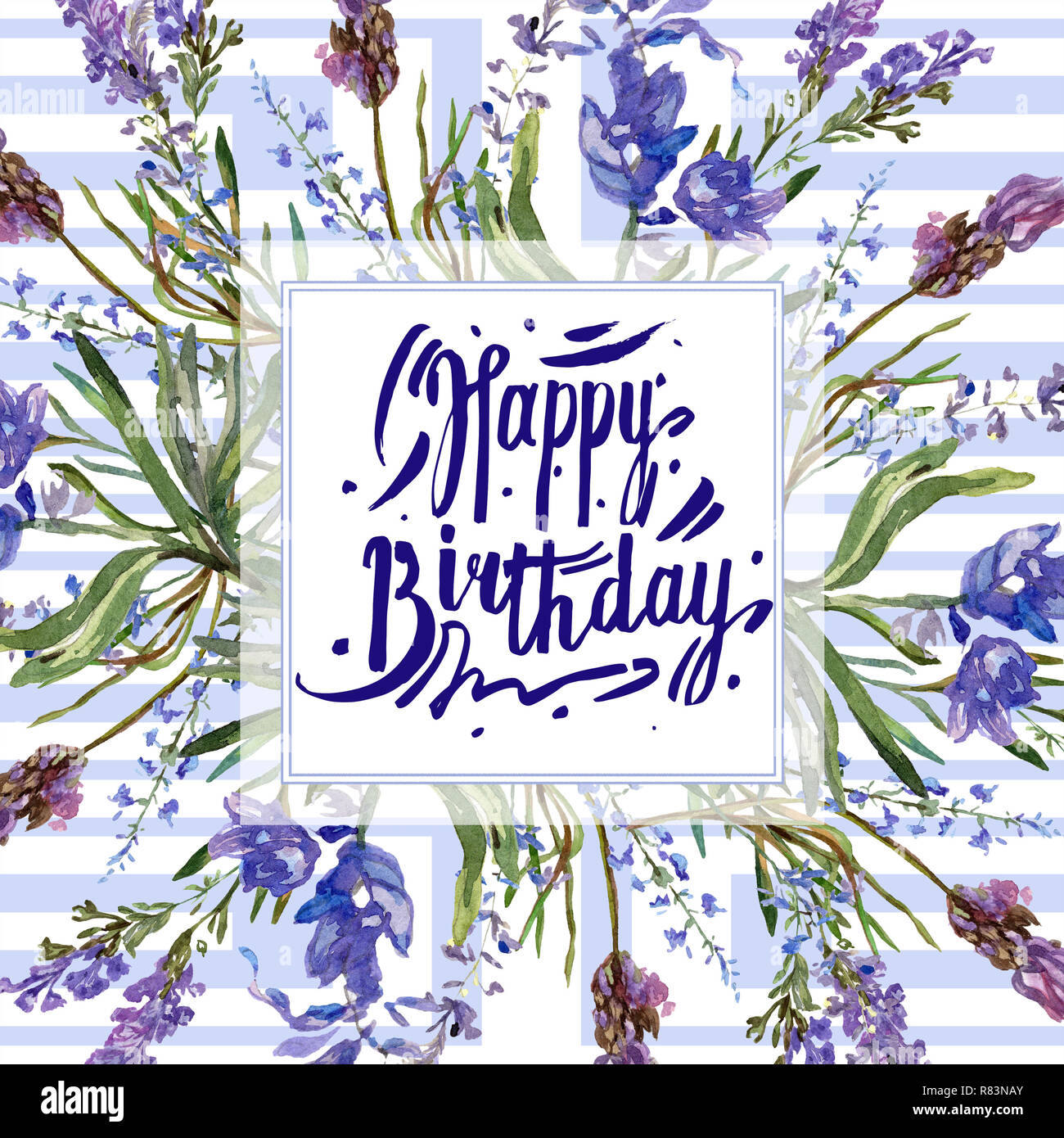 Purple lavender. Happy Birthday handwriting monogram calligraphy