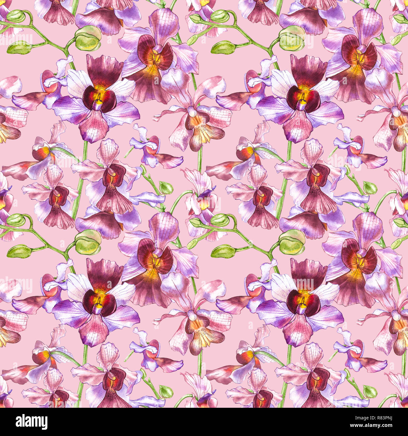 Watercolor orchid branch, hand drawn floral seamless pattern background ...