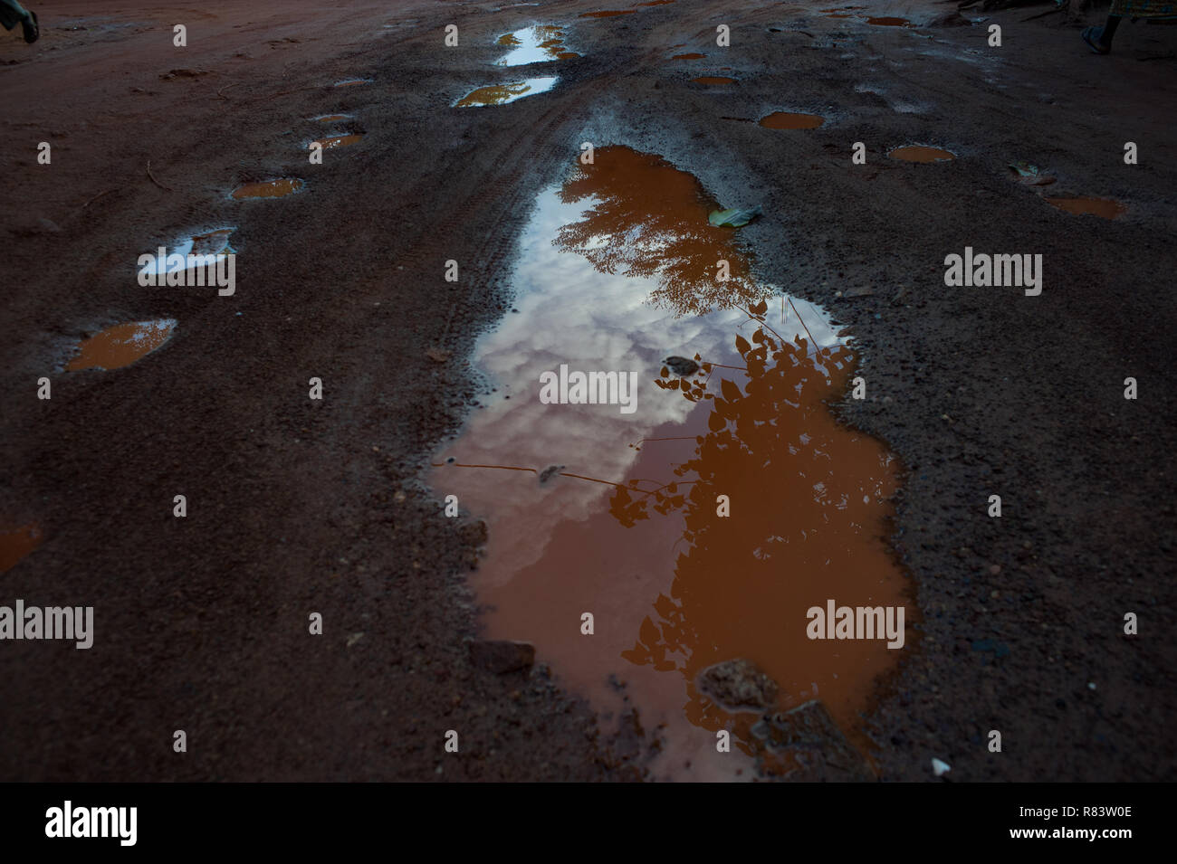 Mali, Africa. Dirty water puddles in a rural village near Bamako Stock Photo