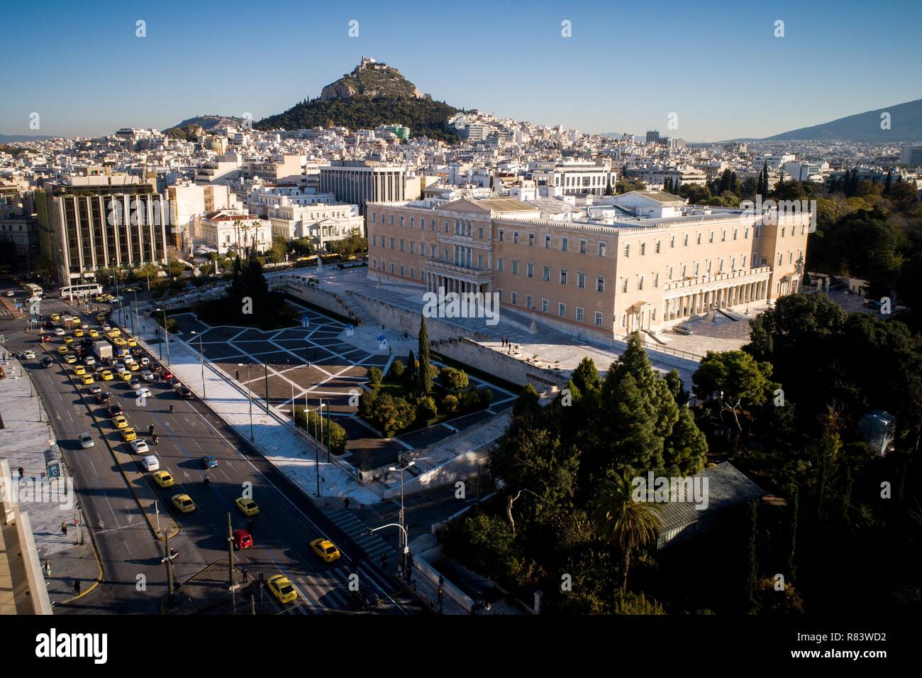 The Greek Parliament from drone Stock Photo