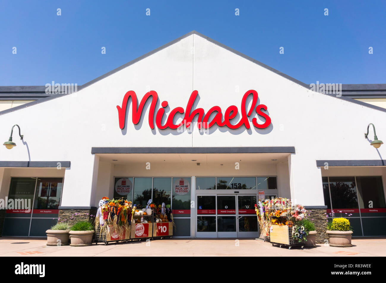 September 4, 2018 San Jose / CA / USA - Michaels' store entrance to one of their locations in south San Francisco bay area; Michaels is a retail chain Stock Photo