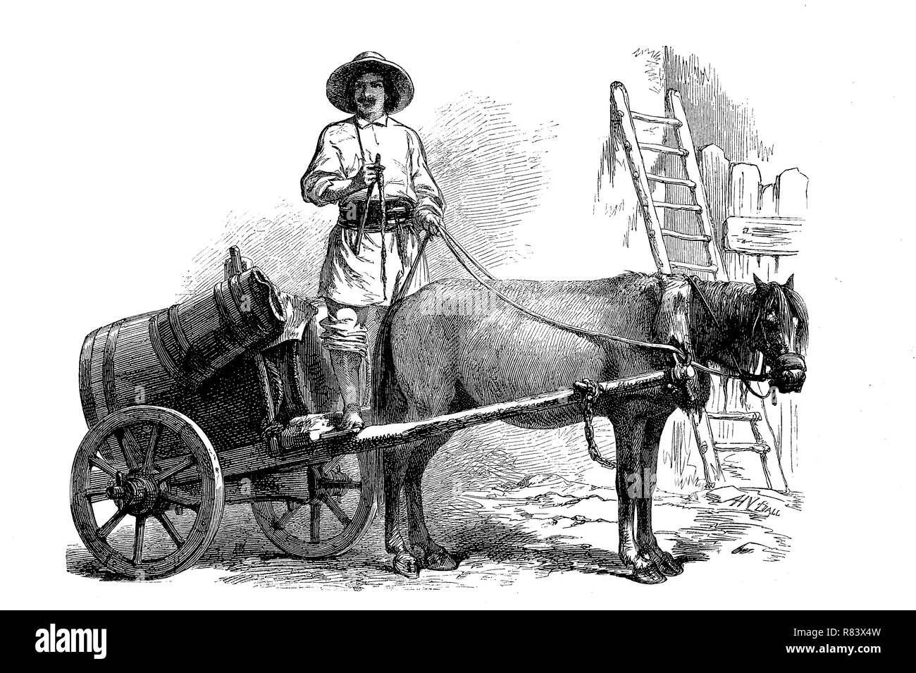 Digital improved reproduction, a man selling water in the region of Wallachia or Walachia, Romania, WasserverkÃ¤ufer in der Walachei, RumÃ¤nien, from an original print from the year 1855 Stock Photo