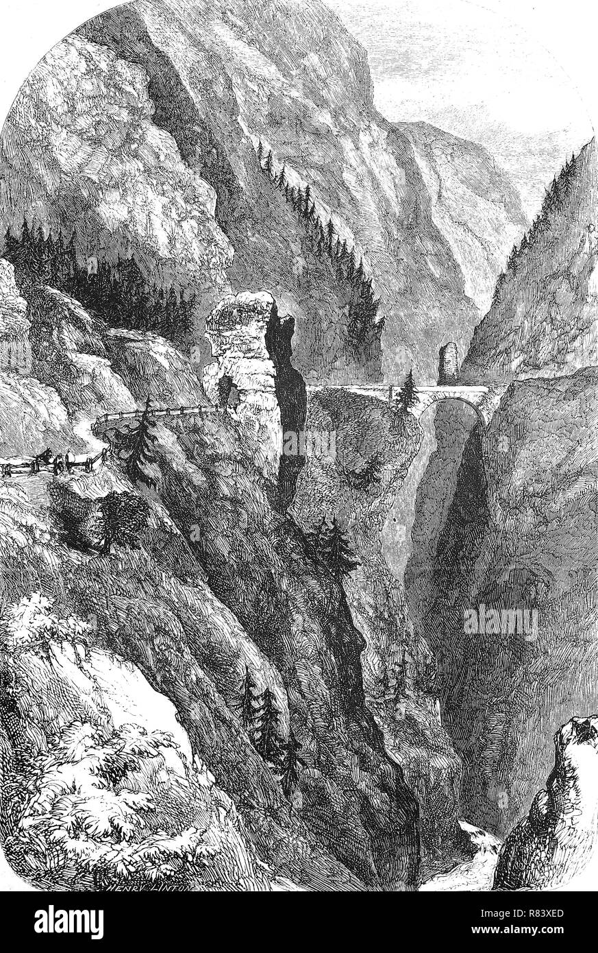 Digital improved reproduction, Viamala or Via Mala, ancient and notorious section of a path along the river Hinterrhein between Zillis-Reischen and Thusis in the Canton of GraubÃ¼nden, Switzerland, das Tal der Via Mala in der Schweiz, from an original print from the year 1855 Stock Photo
