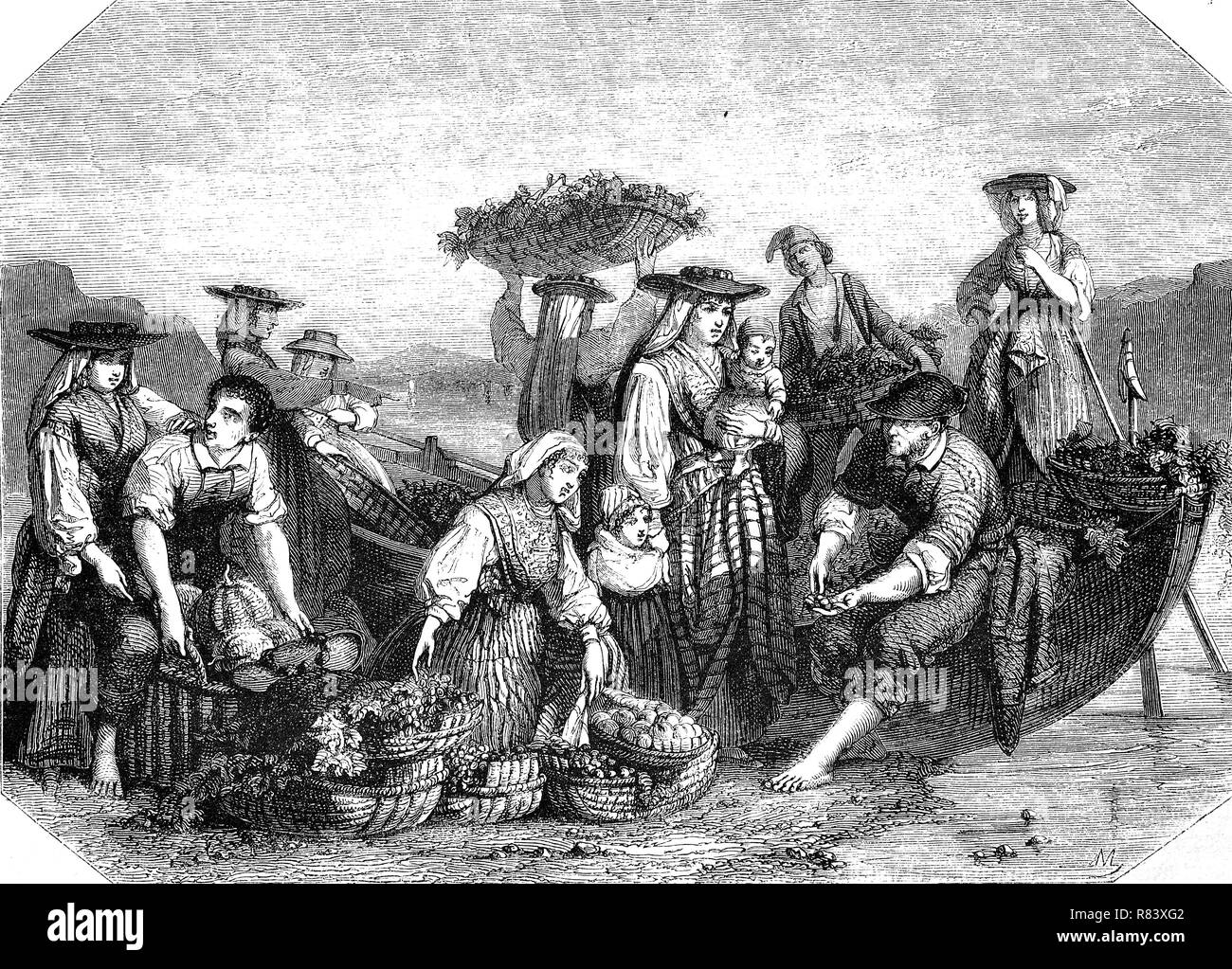 Digital improved reproduction, portugal, farmers bring the fruits to the market, Portugal, Bauern bringen die Früchte zum Markt, from an original print from the year 1855 Stock Photo