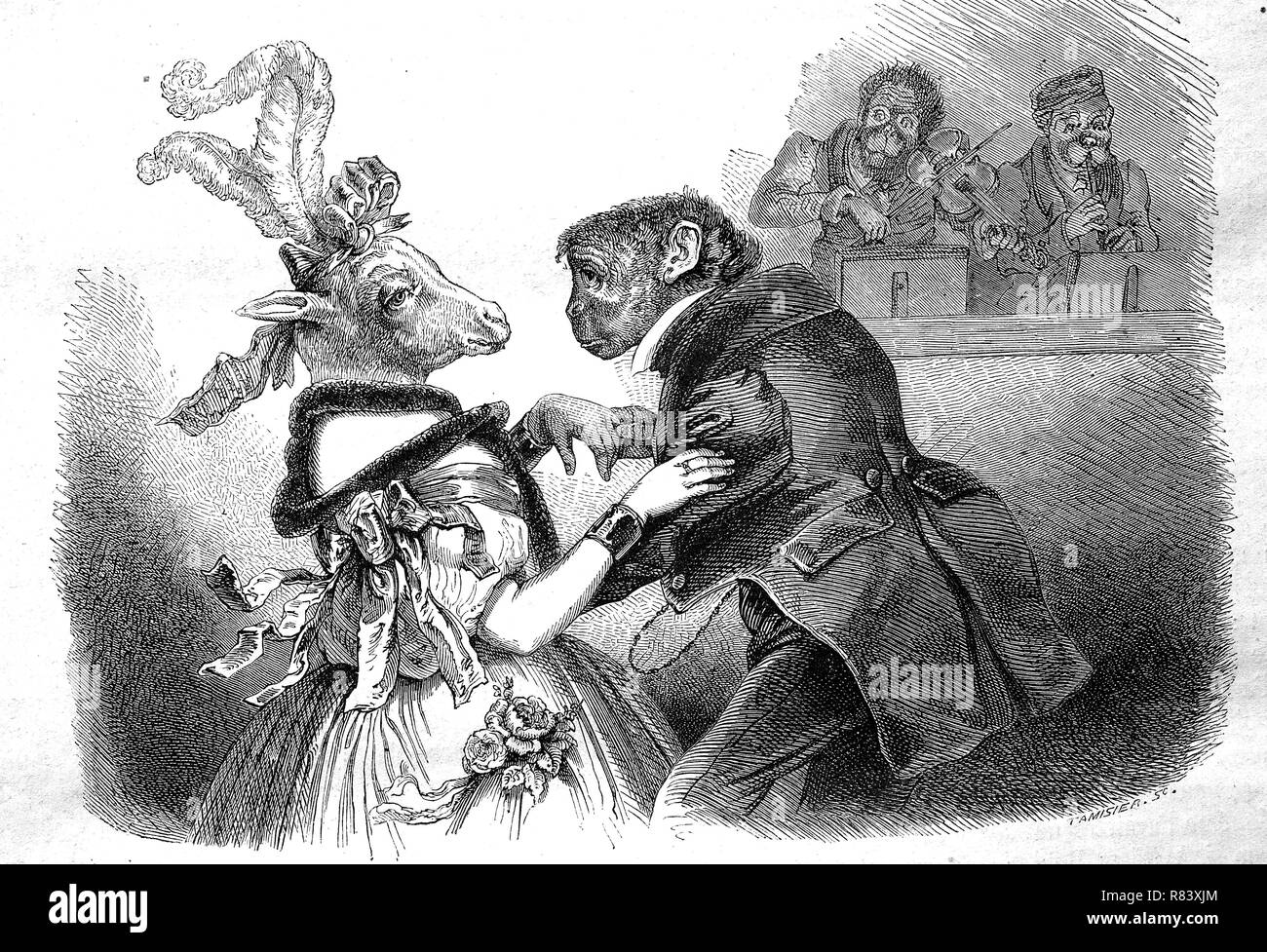 Digital improved reproduction, The ball of the animals, a monkey dances with a sheep, Der Ball der Tiere, ein Affe tanzt mit einem Schaf, from an original print from the year 1855 Stock Photo