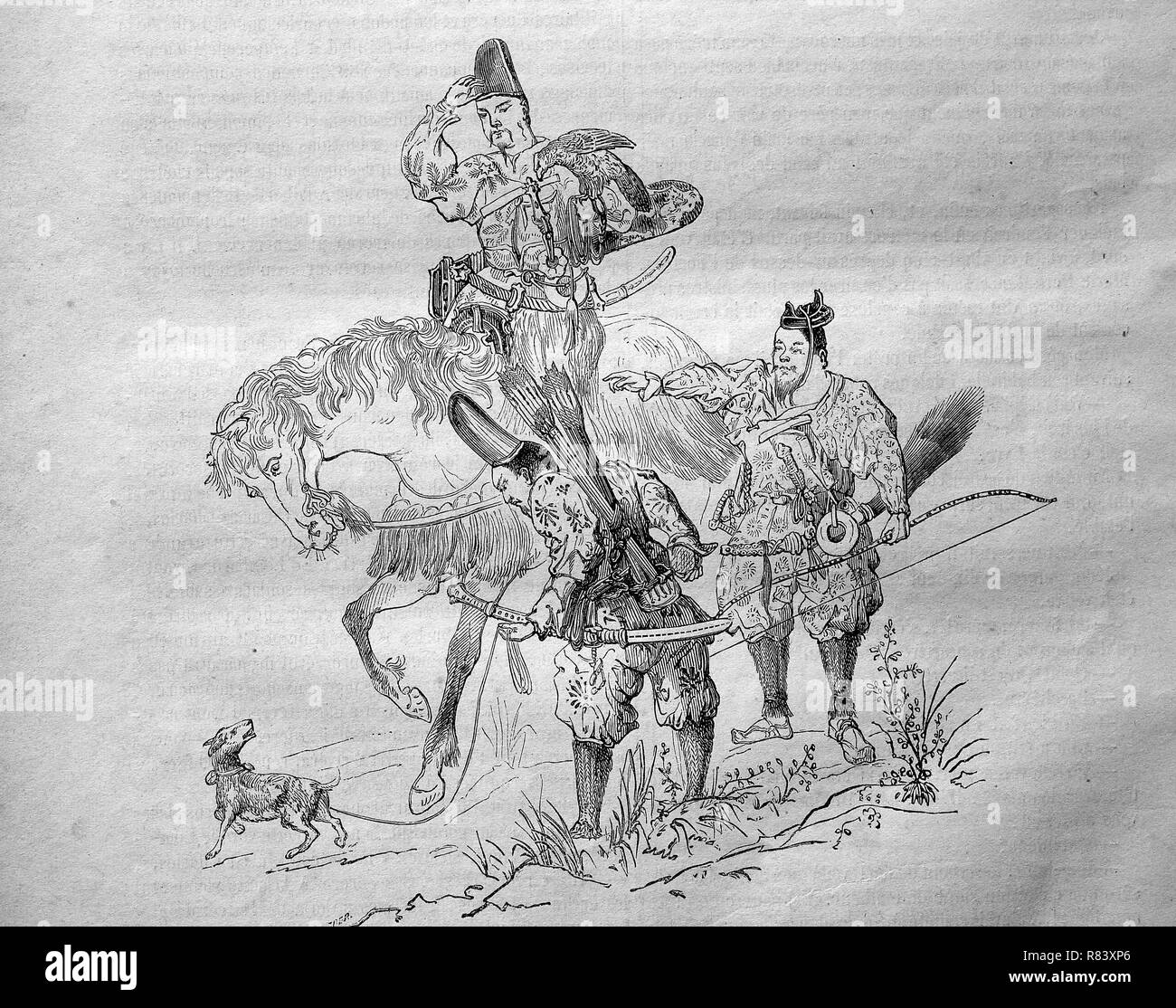 Digital improved reproduction, japanese Chasseurs, soldiers armed with bow and arrows, japanische Soldaten mit Pfeil und Bogen bewaffnet, from an original print from the year 1855 Stock Photo