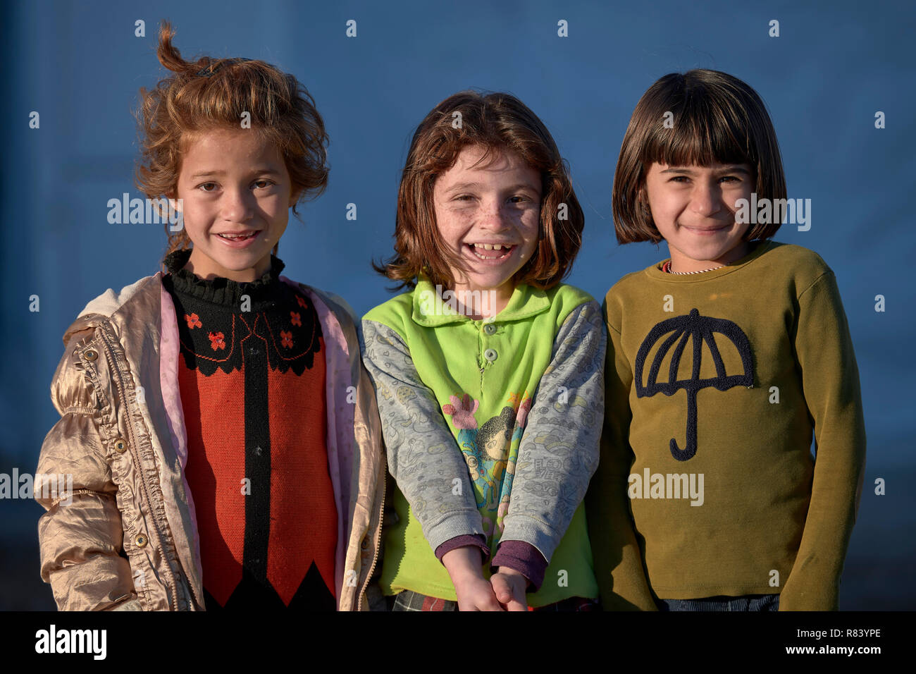 Yazidi girls in a camp for internally displaced persons at Dawodiya in Iraq's Kurdistan region. More than 600 families live in the camp. Stock Photo