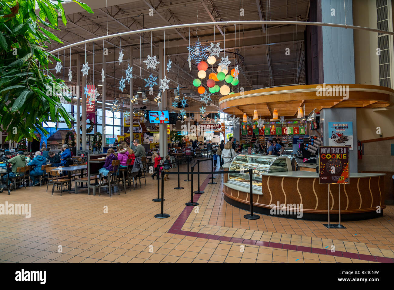 Hershey, PA, USA - December 11, 2018:  Inside Chocolate World, there are exhibits, ride, products, and a food court for tourists to visit. Stock Photo