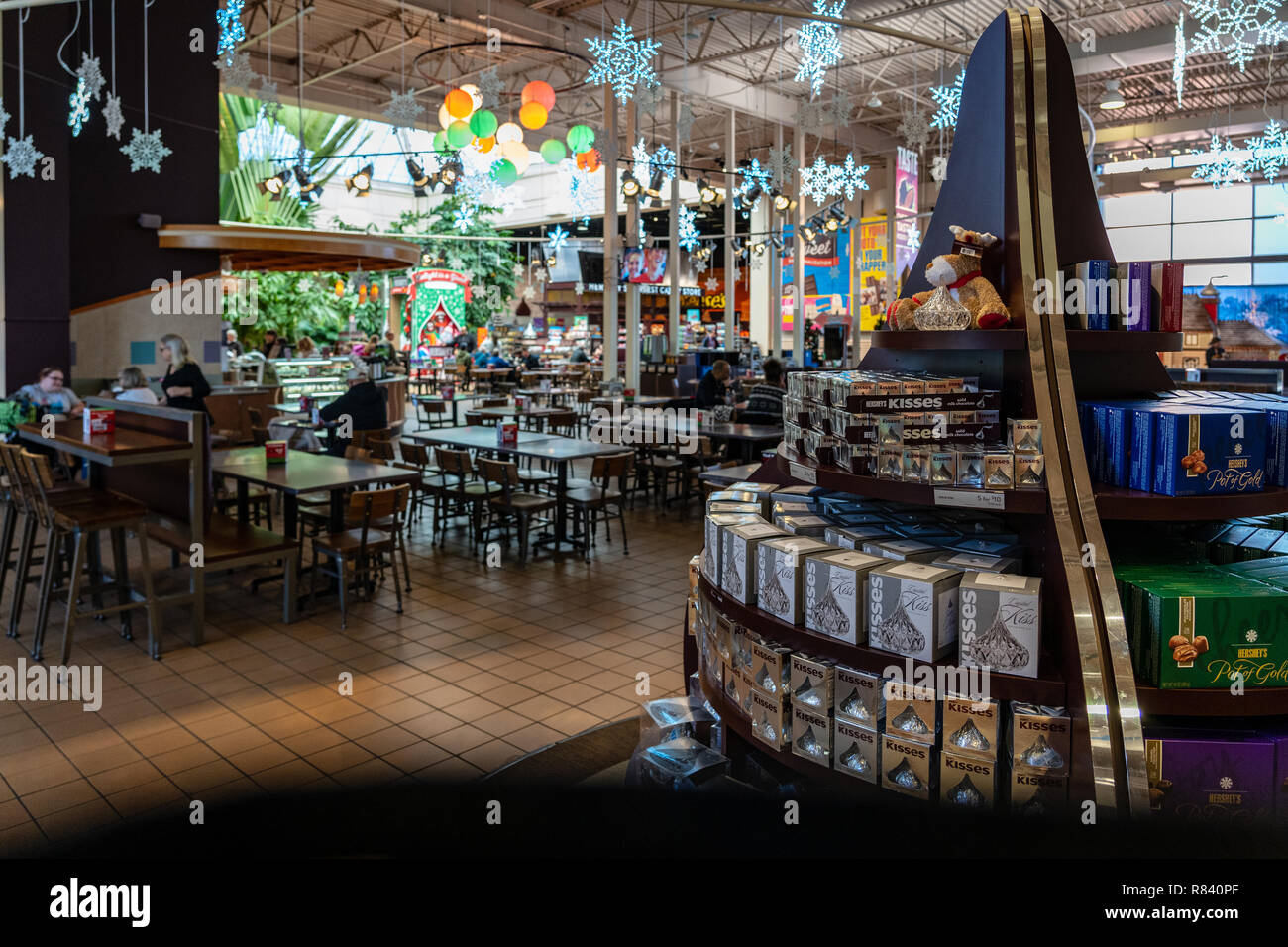 Hershey, PA, USA - December 11, 2018:  Inside Chocolate World, there are exhibits, ride, products, and a food court for tourists to visit. Stock Photo