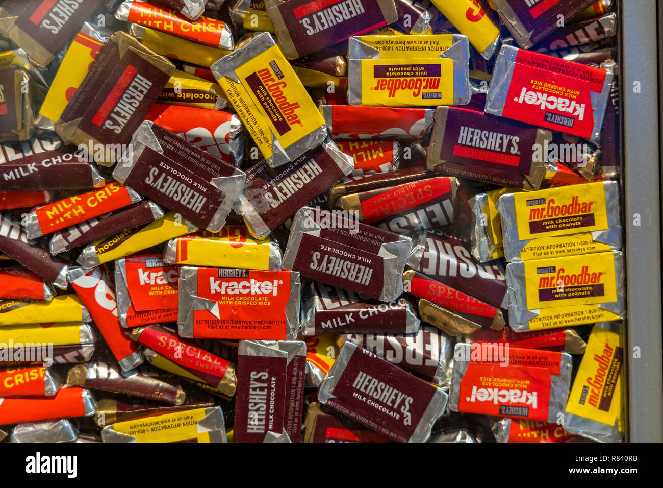 Hershey, PA, USA - December 11, 2018:  Closeup of Hershey Chocolate Miniatures candy bars. Stock Photo