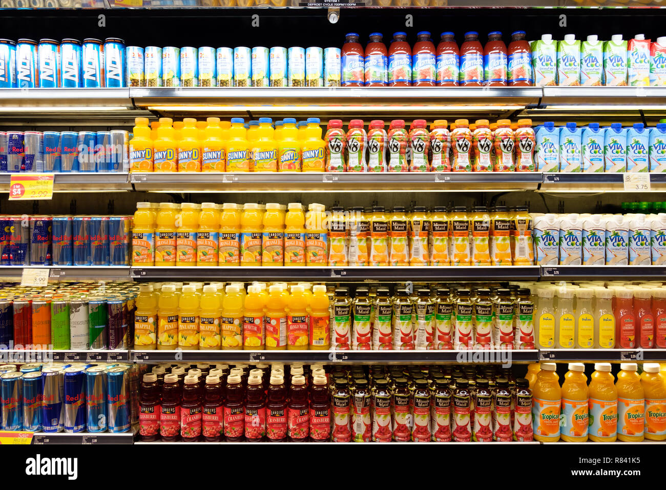 Wide selection of non alcoholic beverage on shelf display Stock Photo