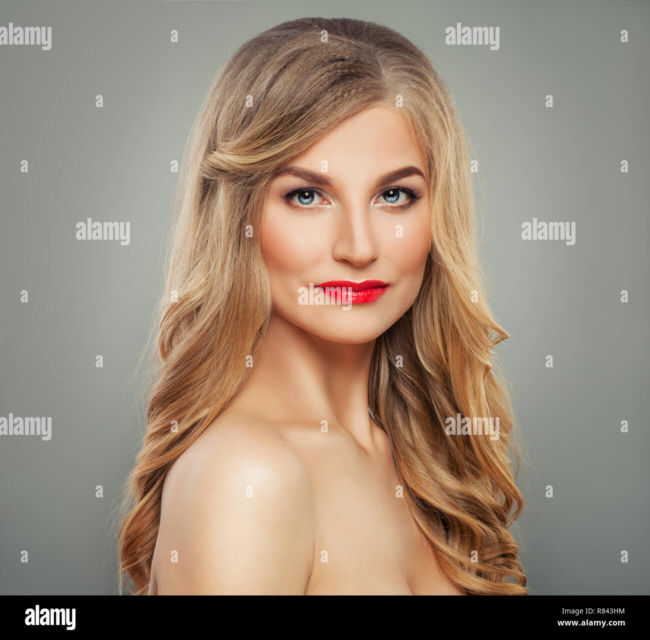 Blondie Woman With Long Blonde Hair And Red Lips Makeup